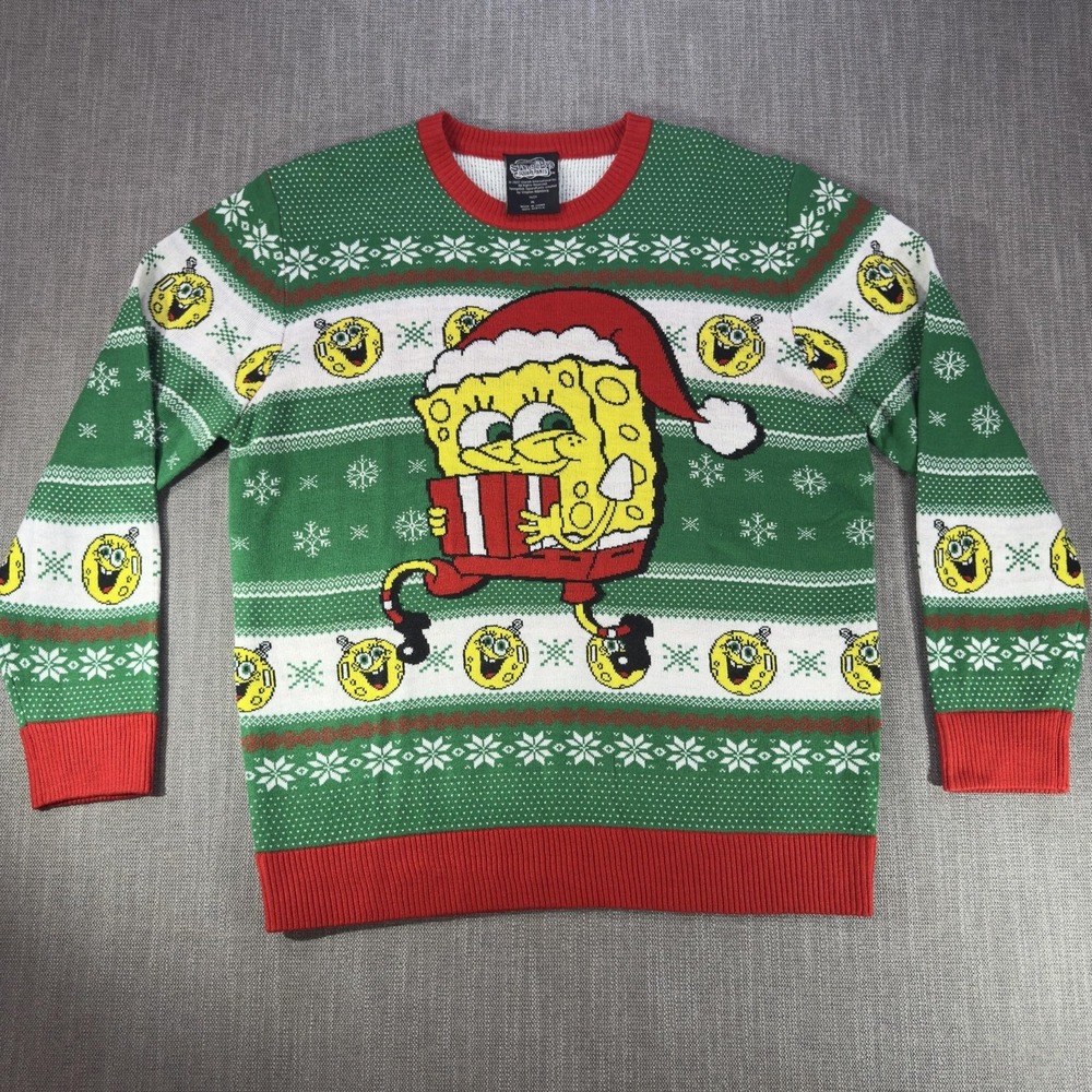 SpongeBob SquarePants Sweater Mens XL Green Santa Christmas Ugly Pullover